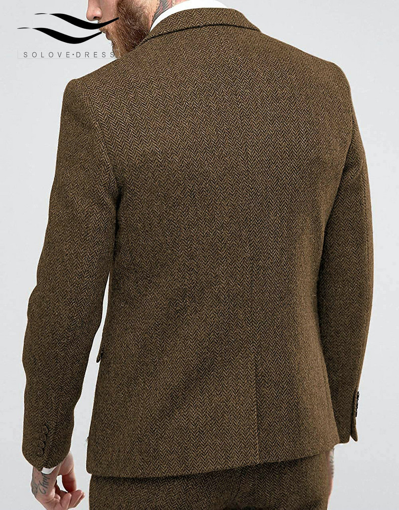 Férfi üzleti öltöny, 3 részes tweed halszálkás, hajtókás esküvői öltöny Vőlegény szmoking formális öltöny (blézer+mellény+nadrág)