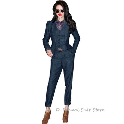 Női 3 részes nadrágkosztüm Retro Slim Fit munkaruha halszálkás gyapjú kabát mellény öltöny nőknek спортивный костюм женск