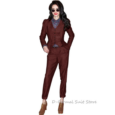 Női 3 részes nadrágkosztüm Retro Slim Fit munkaruha halszálkás gyapjú kabát mellény öltöny nőknek спортивный костюм женск