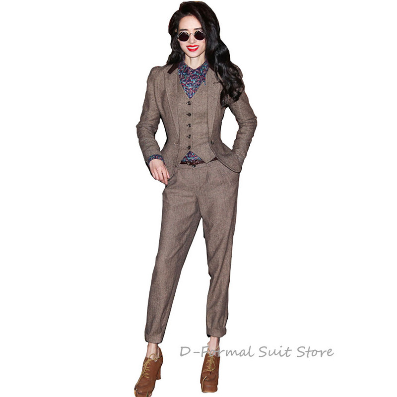 Női 3 részes nadrágkosztüm Retro Slim Fit munkaruha halszálkás gyapjú kabát mellény öltöny nőknek спортивный костюм женск