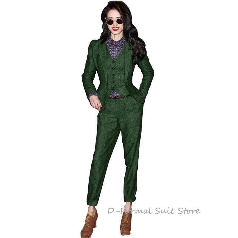 Női 3 részes nadrágkosztüm Retro Slim Fit munkaruha halszálkás gyapjú kabát mellény öltöny nőknek спортивный костюм женск