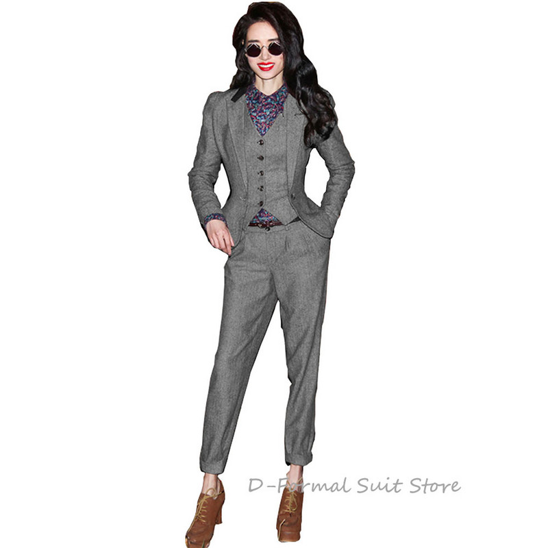 Női 3 részes nadrágkosztüm Retro Slim Fit munkaruha halszálkás gyapjú kabát mellény öltöny nőknek спортивный костюм женск