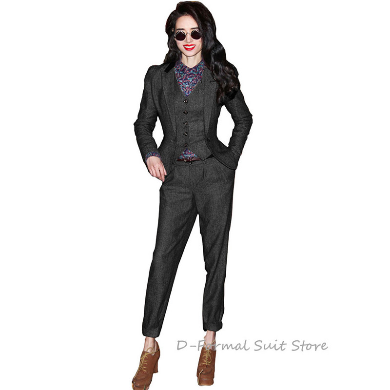 Női 3 részes nadrágkosztüm Retro Slim Fit munkaruha halszálkás gyapjú kabát mellény öltöny nőknek спортивный костюм женск