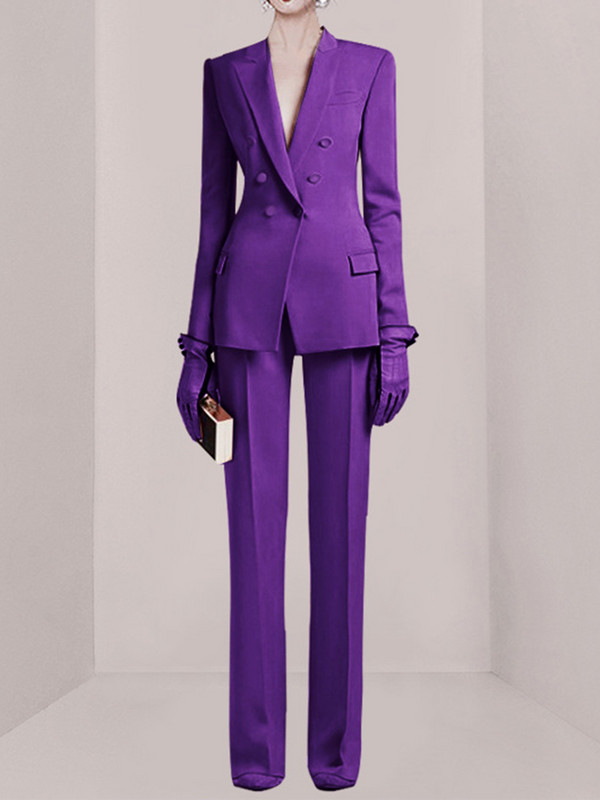 DEAT Fashion női 2 db-os szett hajtókás karcsú derék duplasoros lila blézer hosszú egyenes nadrágkosztümök 2023. ősz Új 17A2821