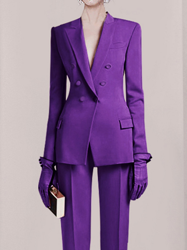 DEAT Fashion női 2 db-os szett hajtókás karcsú derék duplasoros lila blézer hosszú egyenes nadrágkosztümök 2023. ősz Új 17A2821