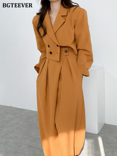 BGTEEVER Vintage bő csíkos nadrágok öltönyök női duplasoros rövid dzsekik és széles szárú nadrágok női 2 részes blézer szett