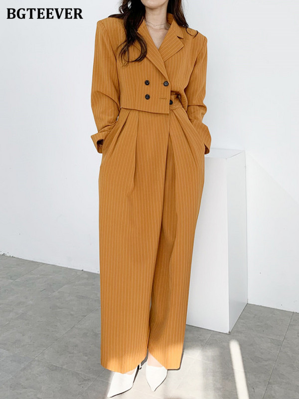 BGTEEVER Vintage bő csíkos nadrágok öltönyök női duplasoros rövid dzsekik és széles szárú nadrágok női 2 részes blézer szett