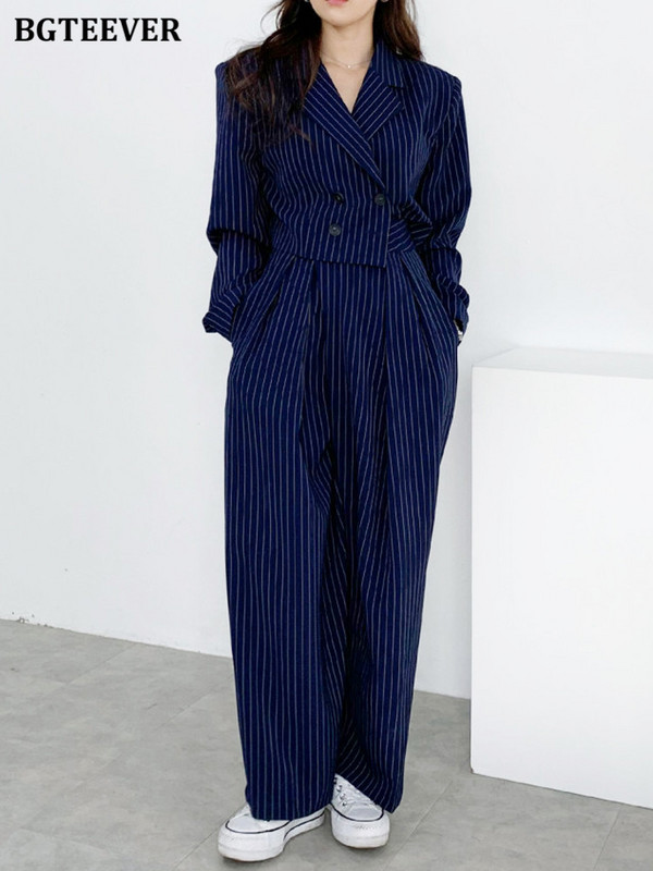BGTEEVER Vintage bő csíkos nadrágok öltönyök női duplasoros rövid dzsekik és széles szárú nadrágok női 2 részes blézer szett