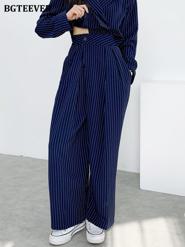 BGTEEVER Vintage bő csíkos nadrágok öltönyök női duplasoros rövid dzsekik és széles szárú nadrágok női 2 részes blézer szett
