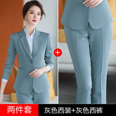 Stílusos szegélyű női öltöny, 2 részes készletek, kékszürke fekete blézerkabát nadrággal (inget vagy szoknyát külön is vásárolhat)