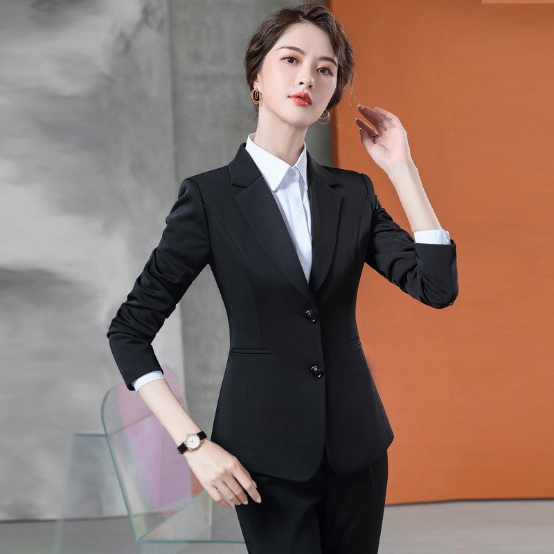 Stílusos szegélyű női öltöny, 2 részes készletek, kékszürke fekete blézerkabát nadrággal (inget vagy szoknyát külön is vásárolhat)