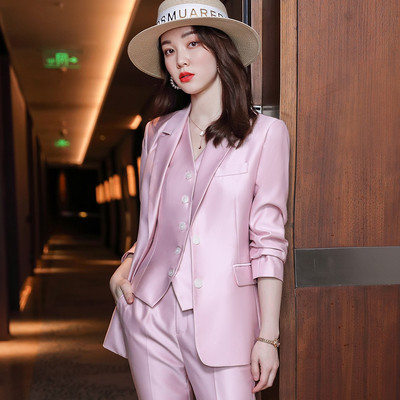 Kiváló minőségű, 3 részes szett Női mellény blézer és nadrágkosztüm Irodai Női Hivatalos Üzleti Munka Karrier Ruhák Rózsaszín Fehér Kék