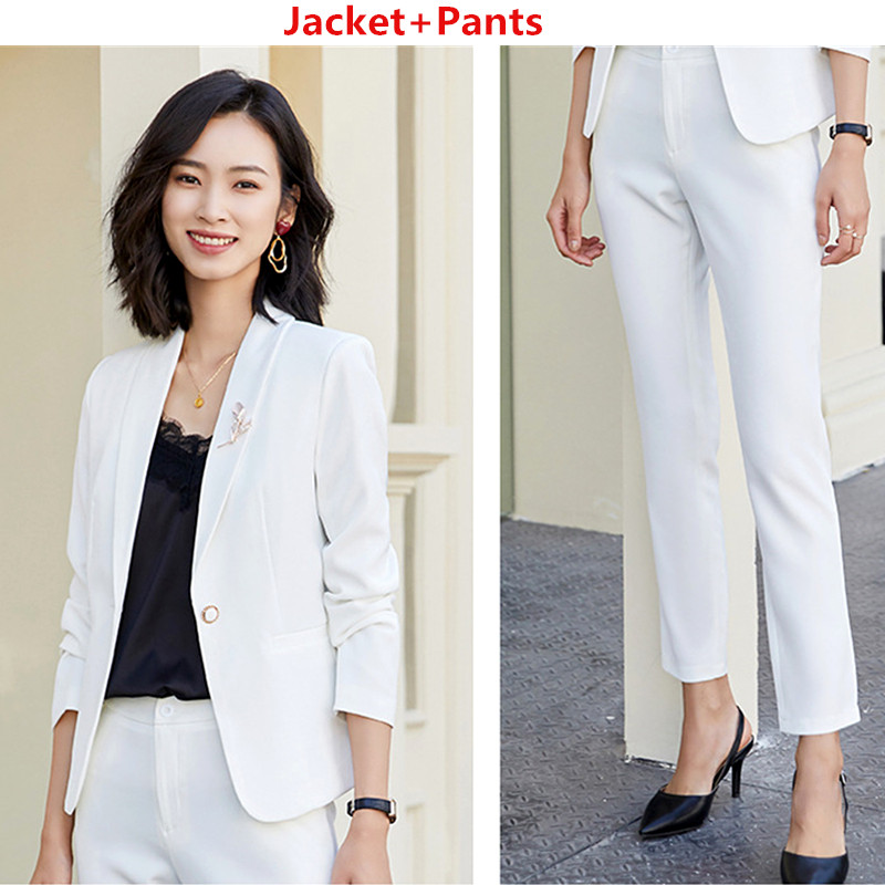 Fehér öltöny kétrészes női divatos karcsú blézer dzseki és nadrág tavaszi és őszi női szettek sárga fekete