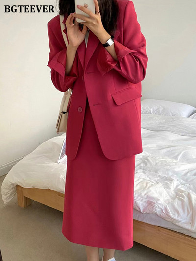 BGTEEVER tavaszi őszi női szoknya öltönyök hosszú ujjú öltönyök kabátok és egyenes szoknyák kétrészes női blézer szett
