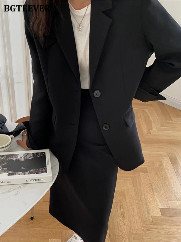 BGTEEVER tavaszi őszi női szoknya öltönyök hosszú ujjú öltönyök kabátok és egyenes szoknyák kétrészes női blézer szett