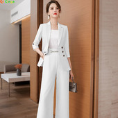 Nyári új fehér öltöny 2 részes női divatos vékony kabát és kiszélesedő nadrág fekete rózsaszín női szettek