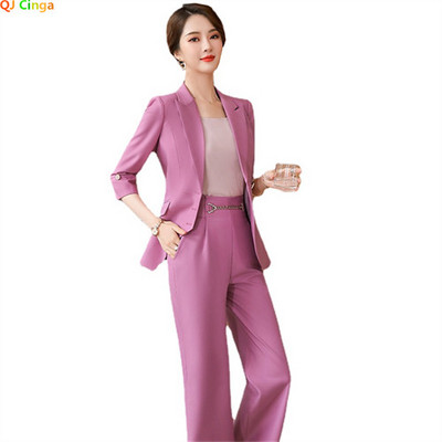 Nyári új fehér öltöny 2 részes női divatos vékony kabát és kiszélesedő nadrág fekete rózsaszín női szettek