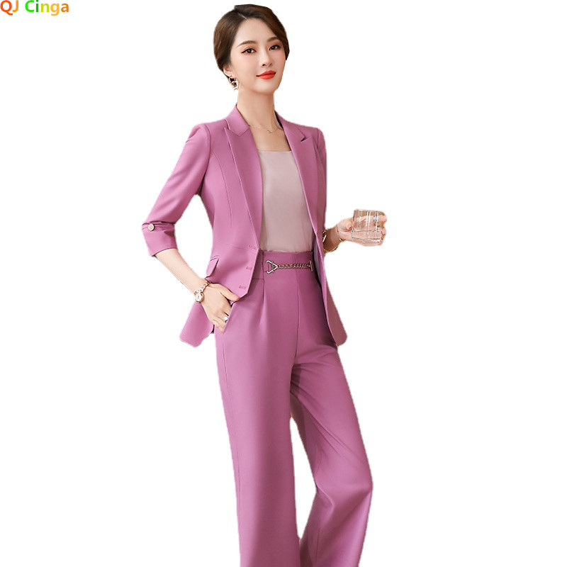 Nyári új fehér öltöny 2 részes női divatos vékony kabát és kiszélesedő nadrág fekete rózsaszín női szettek