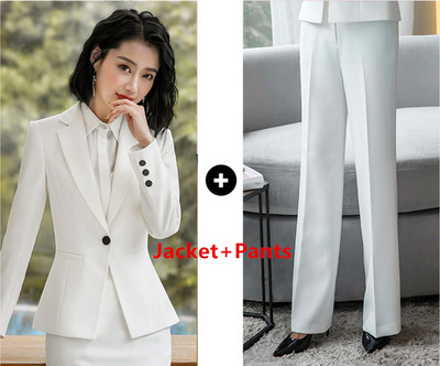 Fehér női blézer dzseki és szoknya vagy nadrág professzionális öltöny Divatos vékony női kétrészes fekete irodai női szettek