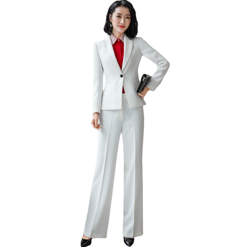 Fehér női blézer dzseki és szoknya vagy nadrág professzionális öltöny Divatos vékony női kétrészes fekete irodai női szettek