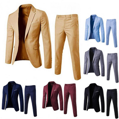Men Slim Business Casual Suits Dress Two-piece Set Jacket Pants Blazer / Male Wedding Groom Blazer Coat Trousers Men Suit Set
