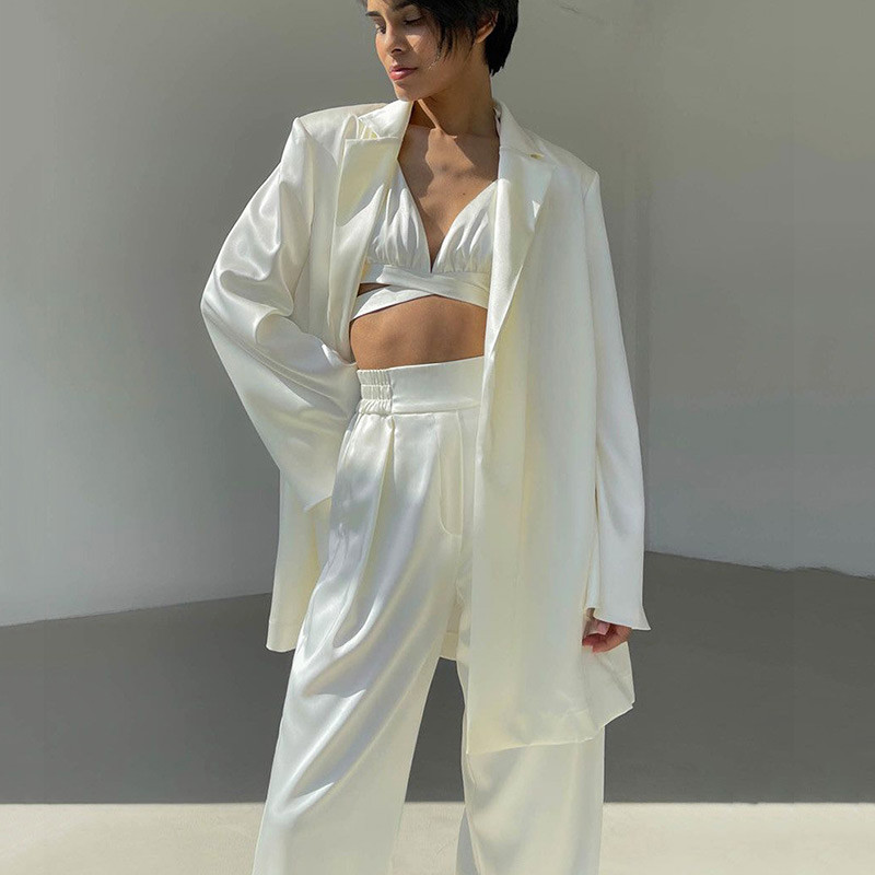 GACVGA szatén női dzseki blézer és nadrág öltönyök utcai női kétrészes szett 2021 őszi téli irodai elegáns öltöny kabát