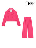TRAF női divatos vágott blézerkabát és magas derekú oldalzsebek, hajtogatott egyenes nadrágok női kétrészes szettek Mujer