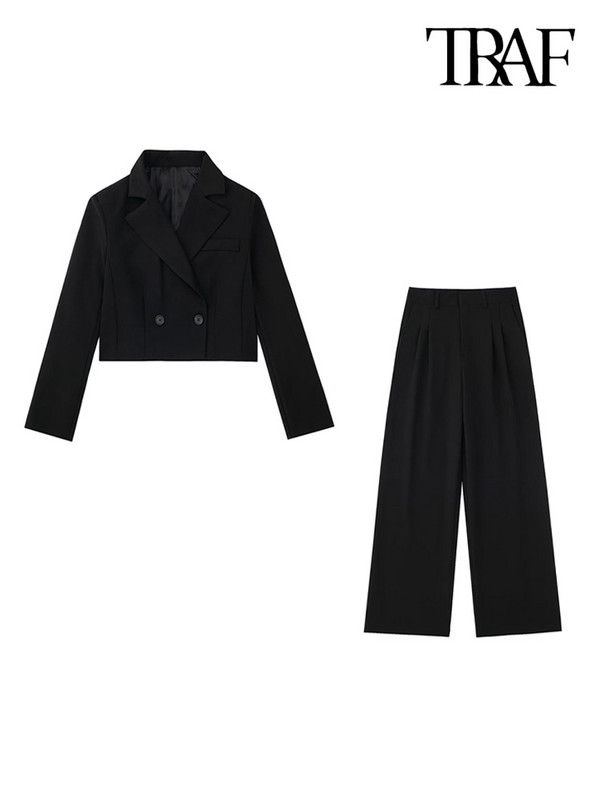 TRAF női divatos vágott blézerkabát és magas derekú oldalzsebek, hajtogatott egyenes nadrágok női kétrészes szettek Mujer
