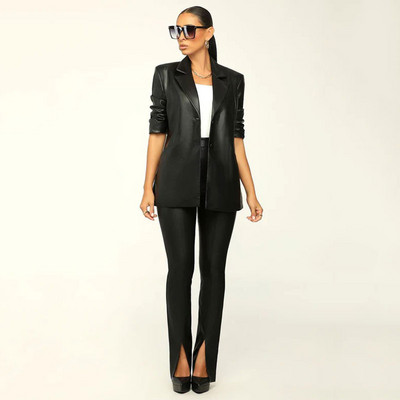 GACVGA új dizájnú PU bőr blézer szett nőknek, hosszú ujjú formális munkához irodai női kétrészes nadrág szett