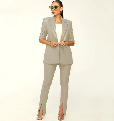 GACVGA új dizájnú PU bőr blézer szett nőknek, hosszú ujjú formális munkához irodai női kétrészes nadrág szett