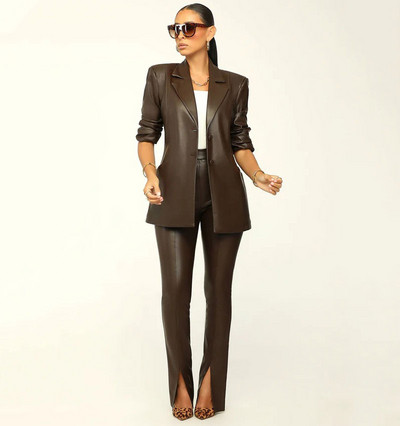 GACVGA új dizájnú PU bőr blézer szett nőknek, hosszú ujjú formális munkához irodai női kétrészes nadrág szett