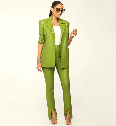 GACVGA új dizájnú PU bőr blézer szett nőknek, hosszú ujjú formális munkához irodai női kétrészes nadrág szett