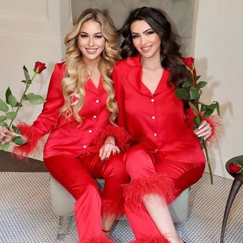 GACVGA Feather Pant Suits Домашен комплект от две части Есен Зима 2021 Дамски ежедневни ризи с дълги ръкави Горнища и панталони Улично облекло