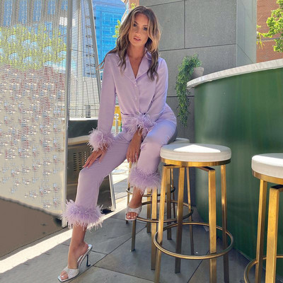 GACVGA tollas nadrágkosztümök otthoni kétrészes szett 2021 őszi téli női alkalmi hosszú ujjú ing felsők és nadrágok utcai ruhák