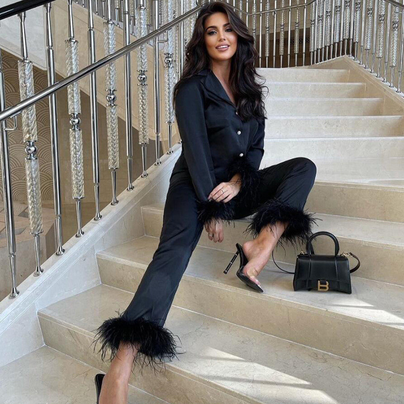 GACVGA tollas nadrágkosztümök otthoni kétrészes szett 2021 őszi téli női alkalmi hosszú ujjú ing felsők és nadrágok utcai ruhák