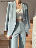 BGTEEVER Fashion laza női 2 részes blézer szett, hosszú ujjú öltöny dzsekik és magas derekú nadrágok irodai női nadrágkosztümök