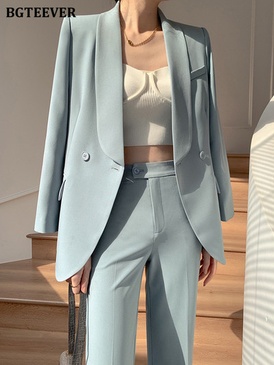 BGTEEVER Fashion laza női 2 részes blézer szett, hosszú ujjú öltöny dzsekik és magas derekú nadrágok irodai női nadrágkosztümök