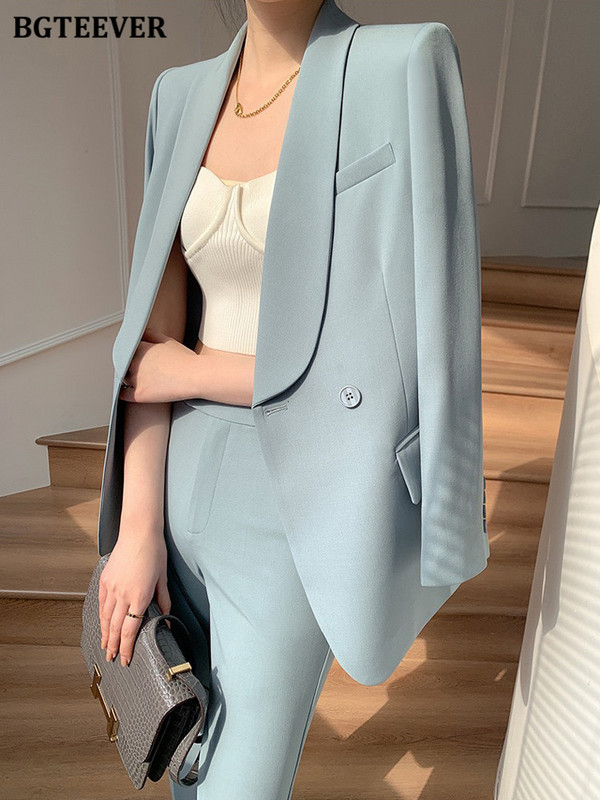 BGTEEVER Fashion laza női 2 részes blézer szett, hosszú ujjú öltöny dzsekik és magas derekú nadrágok irodai női nadrágkosztümök