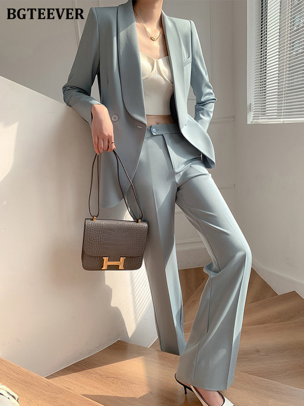 BGTEEVER Fashion laza női 2 részes blézer szett, hosszú ujjú öltöny dzsekik és magas derekú nadrágok irodai női nadrágkosztümök