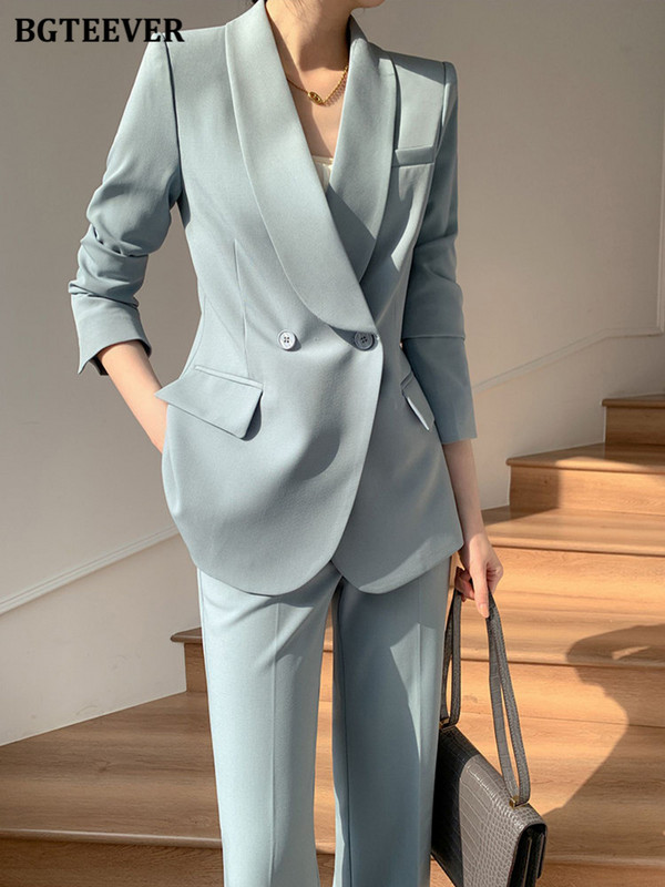 BGTEEVER Fashion laza női 2 részes blézer szett, hosszú ujjú öltöny dzsekik és magas derekú nadrágok irodai női nadrágkosztümök