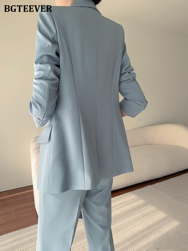 BGTEEVER Fashion laza női 2 részes blézer szett, hosszú ujjú öltöny dzsekik és magas derekú nadrágok irodai női nadrágkosztümök