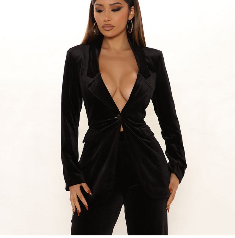 GACVGA Velvet kétrészes szett női kabát blézer és nadrág öltönyök Streetwear 2021 őszi téli női irodai elegáns öltönyök