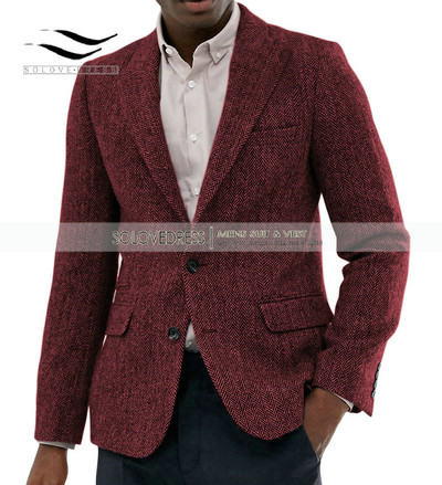 Férfi halszálkás dzseki, 1 darab, formális hajtóka, rovátkolt tweed gyapjú szmoking blézer télikabát esküvői vőfély