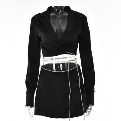 GACVGA szexi szatén gyémánt fényes ruha öltöny női ruhák hosszú ujjú blézer felső miniszoknya őszi karcsú buli kétrészes szoknya szett