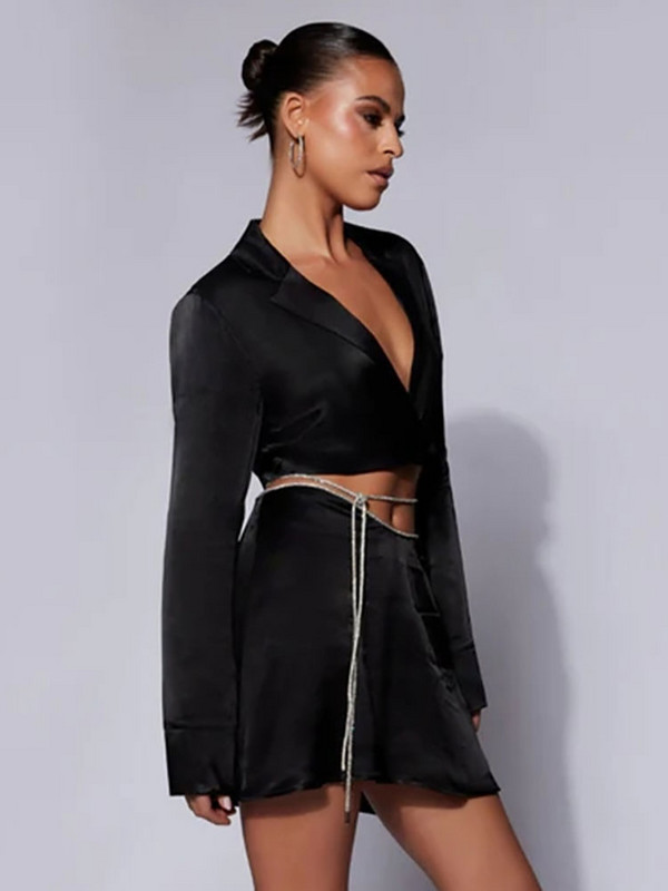 GACVGA szexi szatén gyémánt fényes ruha öltöny női ruhák hosszú ujjú blézer felső miniszoknya őszi karcsú buli kétrészes szoknya szett