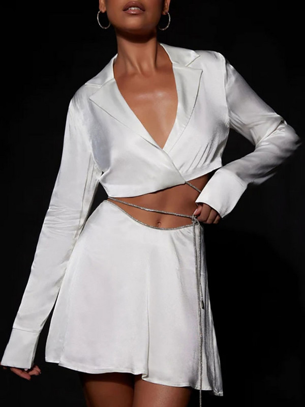 GACVGA szexi szatén gyémánt fényes ruha öltöny női ruhák hosszú ujjú blézer felső miniszoknya őszi karcsú buli kétrészes szoknya szett