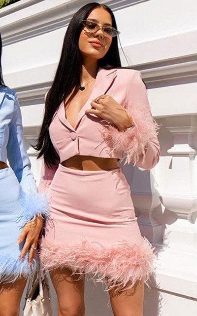 GACVGA 2022 őszi szexi tollas kétrészes szett Elegáns, hosszú ujjú Crop top blézerek és mini Bodycon szoknyák, ruhák, női szettek