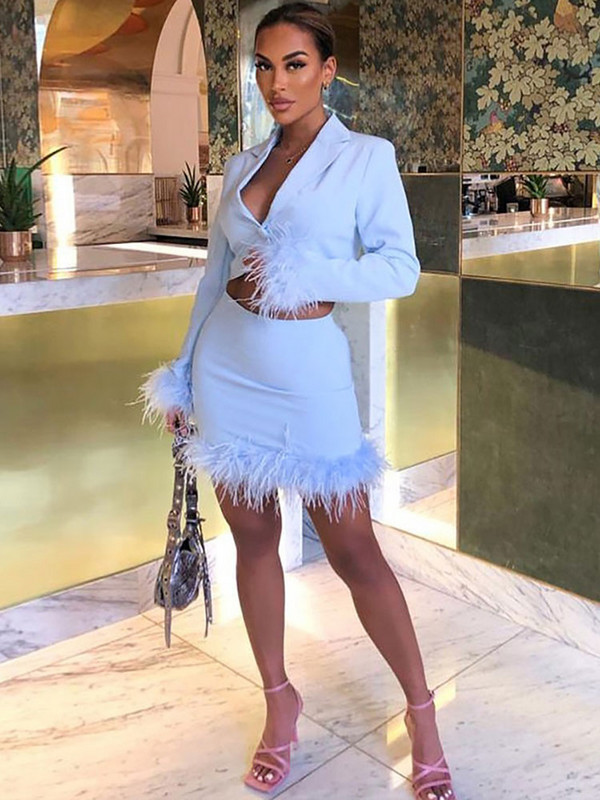 GACVGA 2022 őszi szexi tollas kétrészes szett Elegáns, hosszú ujjú Crop top blézerek és mini Bodycon szoknyák, ruhák, női szettek