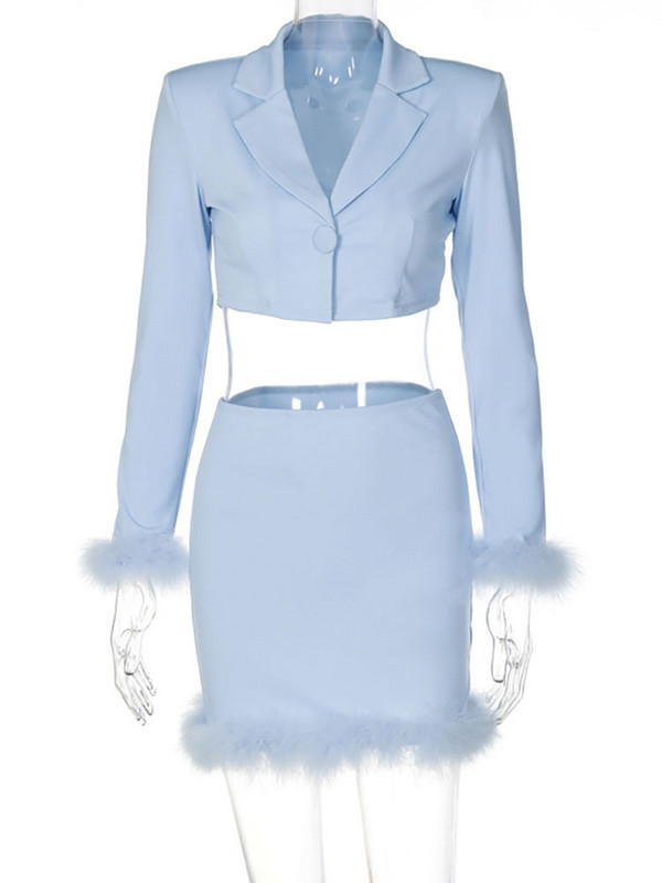 GACVGA 2022 őszi szexi tollas kétrészes szett Elegáns, hosszú ujjú Crop top blézerek és mini Bodycon szoknyák, ruhák, női szettek