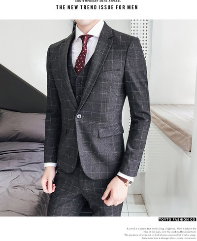 Férfi formális 3 részes férfi öltönyök kockás, vékony szabású férfi szmokingok esküvői vőlegényeknek (kabát+mellény+nadrág)